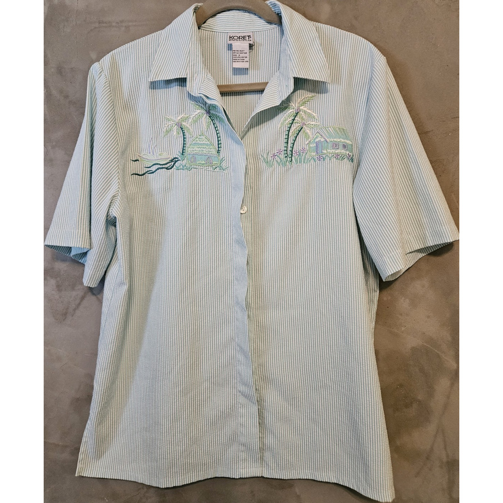 Koret Francisca Petites M Blue White Striped Woven Embroidered Button-Up